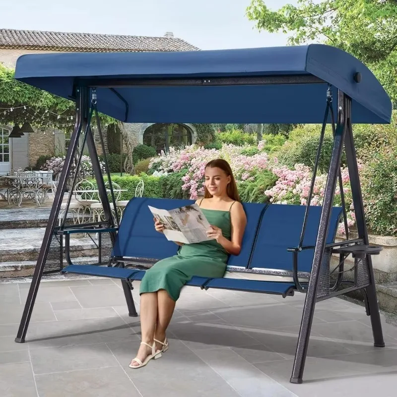 3-Seat Patio Swing With Adjustable Canopy And Cup Holders For Backyard And Garden