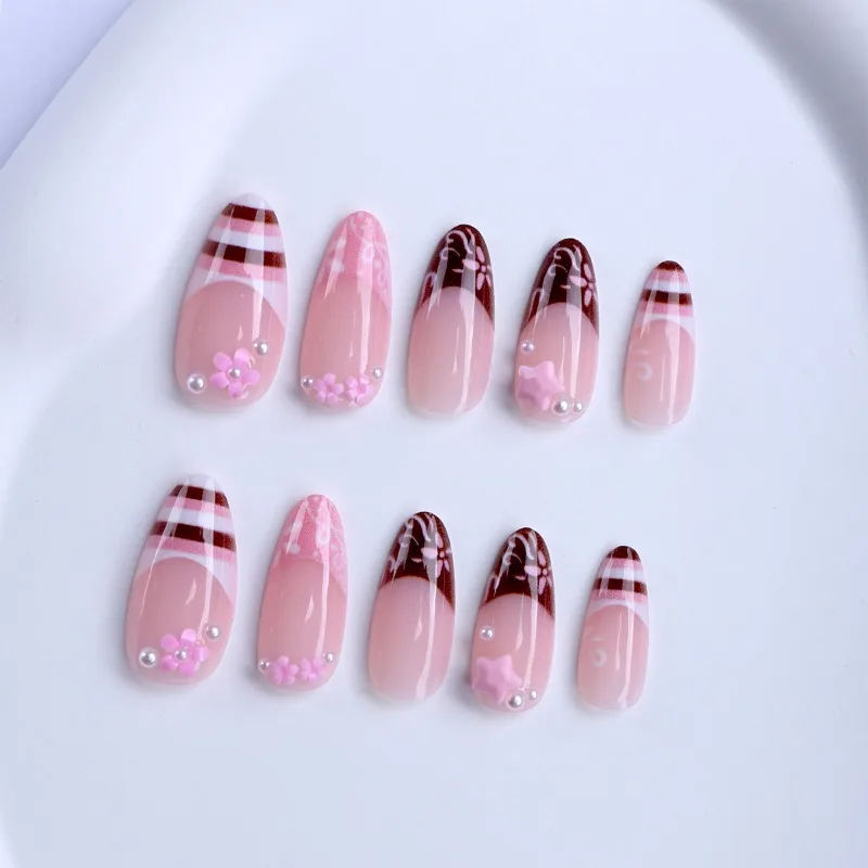 24PCS Cute Pink 3D Flower Star French False Nails Brown Stripes Retro Almond Press on Nails Sweet Nail Acrylic Wearable Manicure