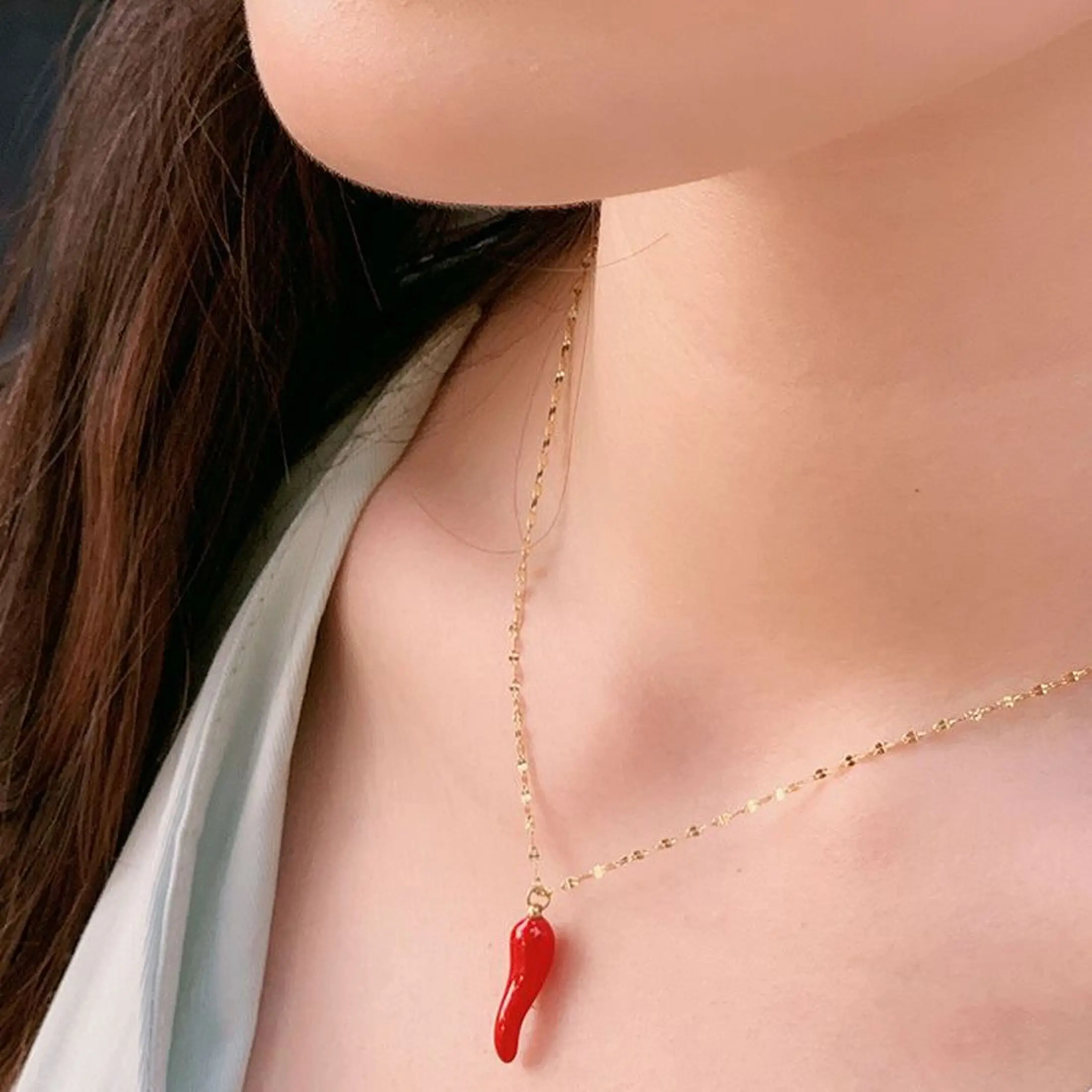 CARLIDANA Enamel Chili Charm Pendant Necklace Lucky Horn Pendant Necklace Gold Color Stainless Steel Red Chili Pepper Necklace