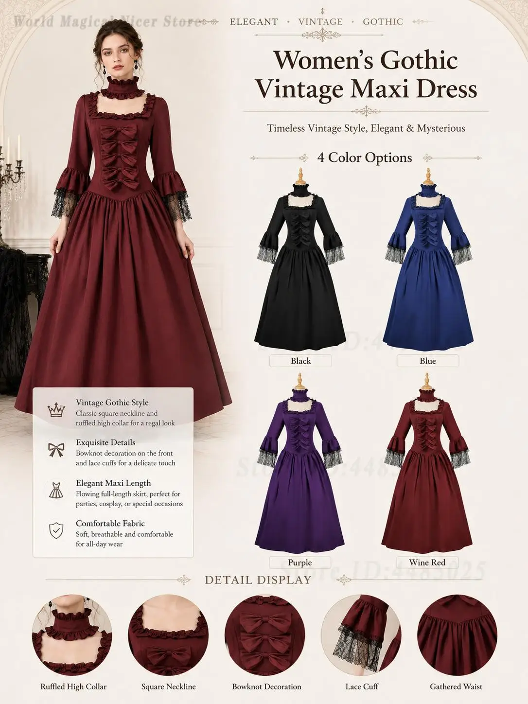 Women Medieval European Retro Court Long Gown Big Swing Formal Dress for Halloween Carnival Drama Stage Role Playper Formance - view 2