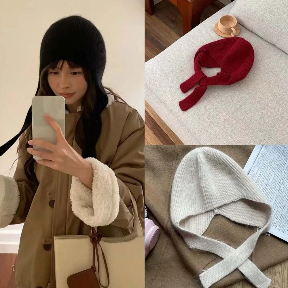 Minimalist Knit Earflap Hat Solid Color Windproof Tie Strap Beanie Ribbon Tie High Quality Warm Skull Cap Fashion Girls