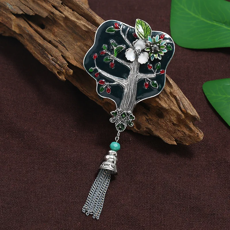 Chinese Classical Fan Brooch Female Vintage Enamel Flowers Banana Leaf Corsage High-grade Jacket Cheongsam Pins Accessories