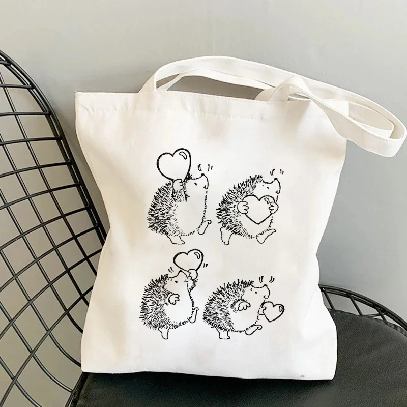 Minimalist Hedgehog with Hearts Print Canvas Tote Bag Cute Animal Eco Friendly Reusable Shoulder Bag