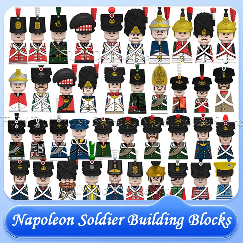 

Средневековые военные фигурки солдат Наполеоновских войн: Британские, Французские, Прусские войска, пехота, рыцари, генералы, орудия — конструктор из кирпичиков, игрушки