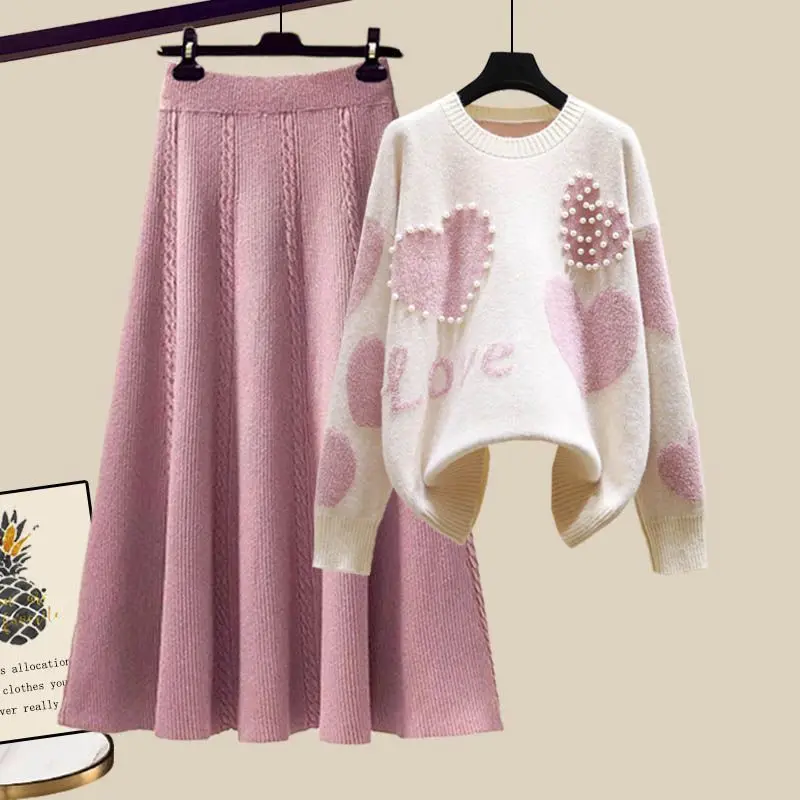 

Women 2023 Winter Knitted Suit Pearl Love Beaded Jumpers Sweater Top And Skirt Two Piece Set Matching Outfit 2023 Clothing