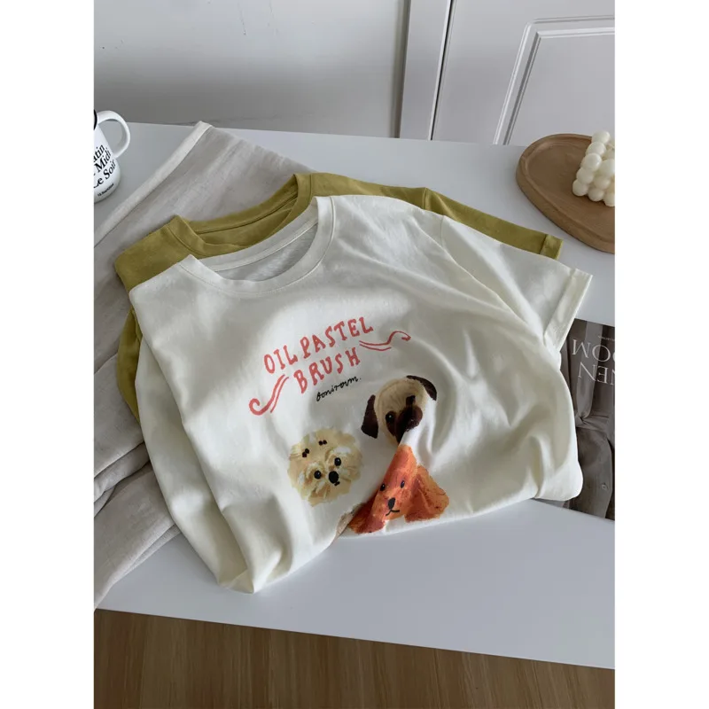 

Summer Cartoon Dog Lyocell T-shirt Women Round Neck Loose Short Sleeve Korean Casual Tees