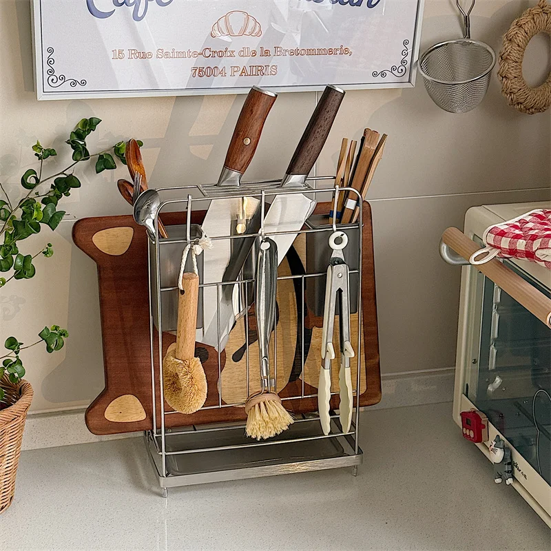 

Stainless Steel Knife Holder 5-in-1 Cutting Board & Utensil Organizer with Chopsticks Slot Space Saving Kitchen Storage Rack