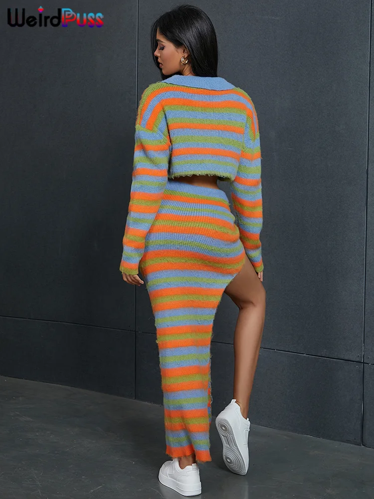 Weird Puss Sweater Knit 2 Piece Set Women Striped Autumn Casual Zipper Corp Tops+Irregular Maxi Skirts Streetwear Matching Suits