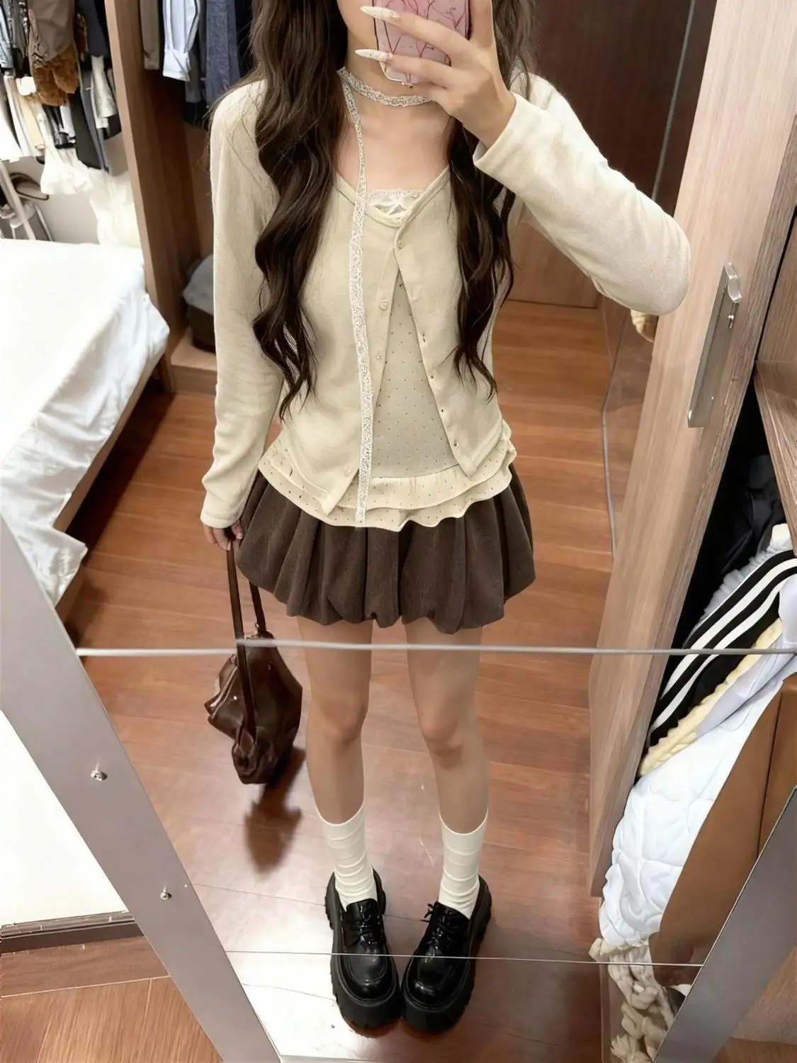 Korean Style Sweet Polka Dot Ruffle Camisole & Cardigan Two-Piece Set Women Fall Spring New Y2k Cardigan Tops Coffee Gray Beige