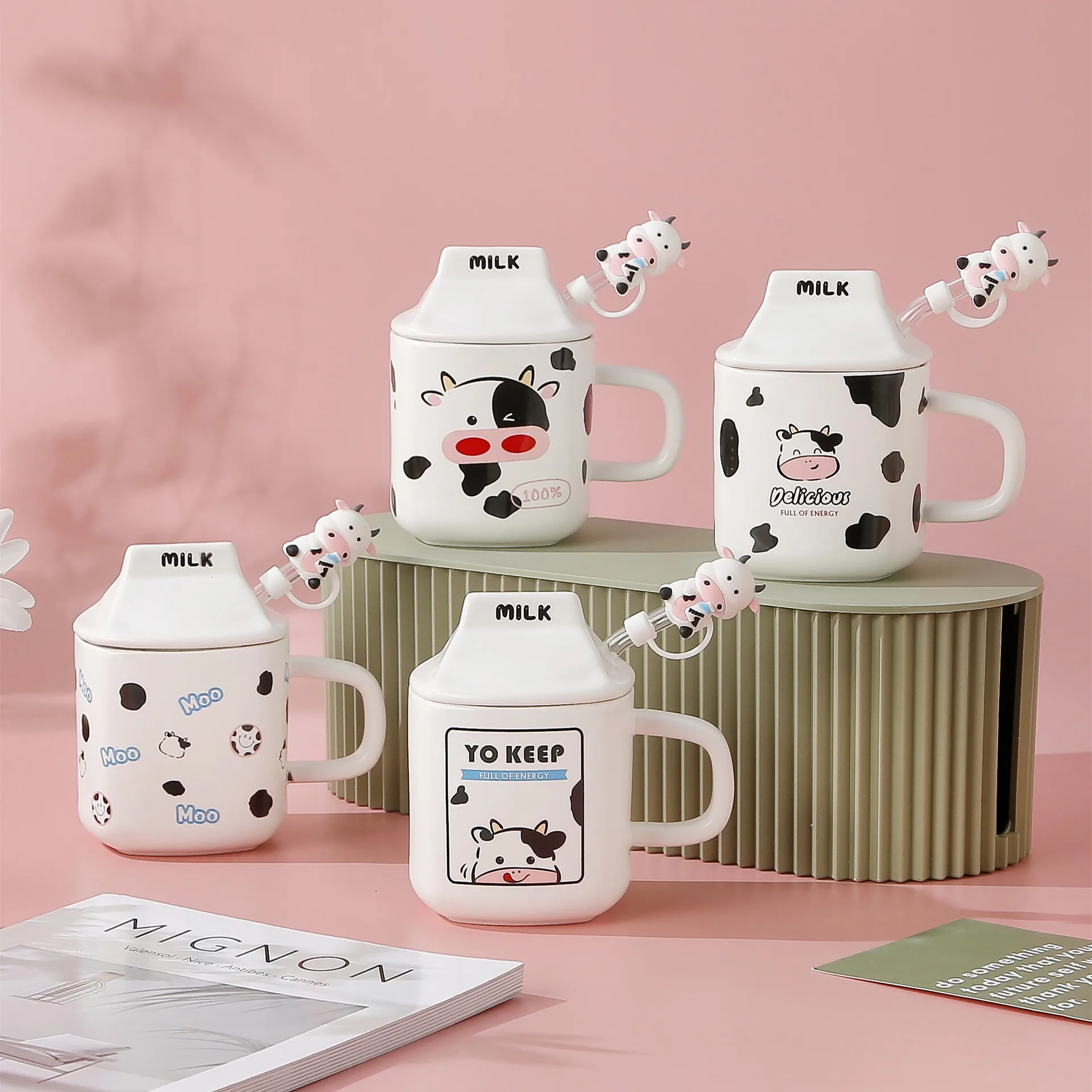 Cartoon Cow Ceramic Mug,Office Coffee Mugs with Lid, Breakfast Milk Straw Cup, Cute Couple Water Cups, Birthday Gift Tea Cup