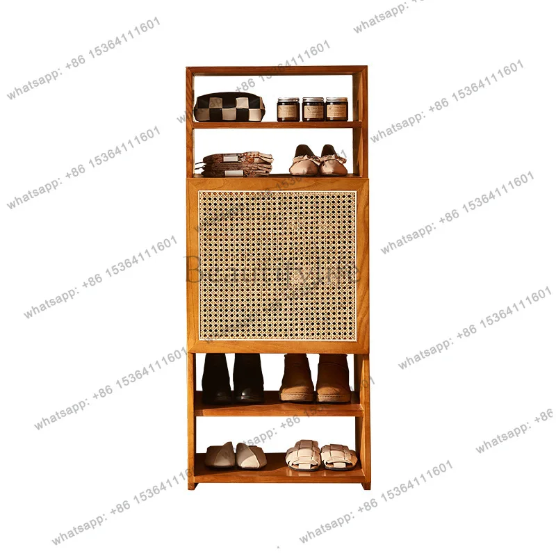 Solid wood high and low shoe cabinet combination New Chinese layered rattan shoe rack storage cabinet
