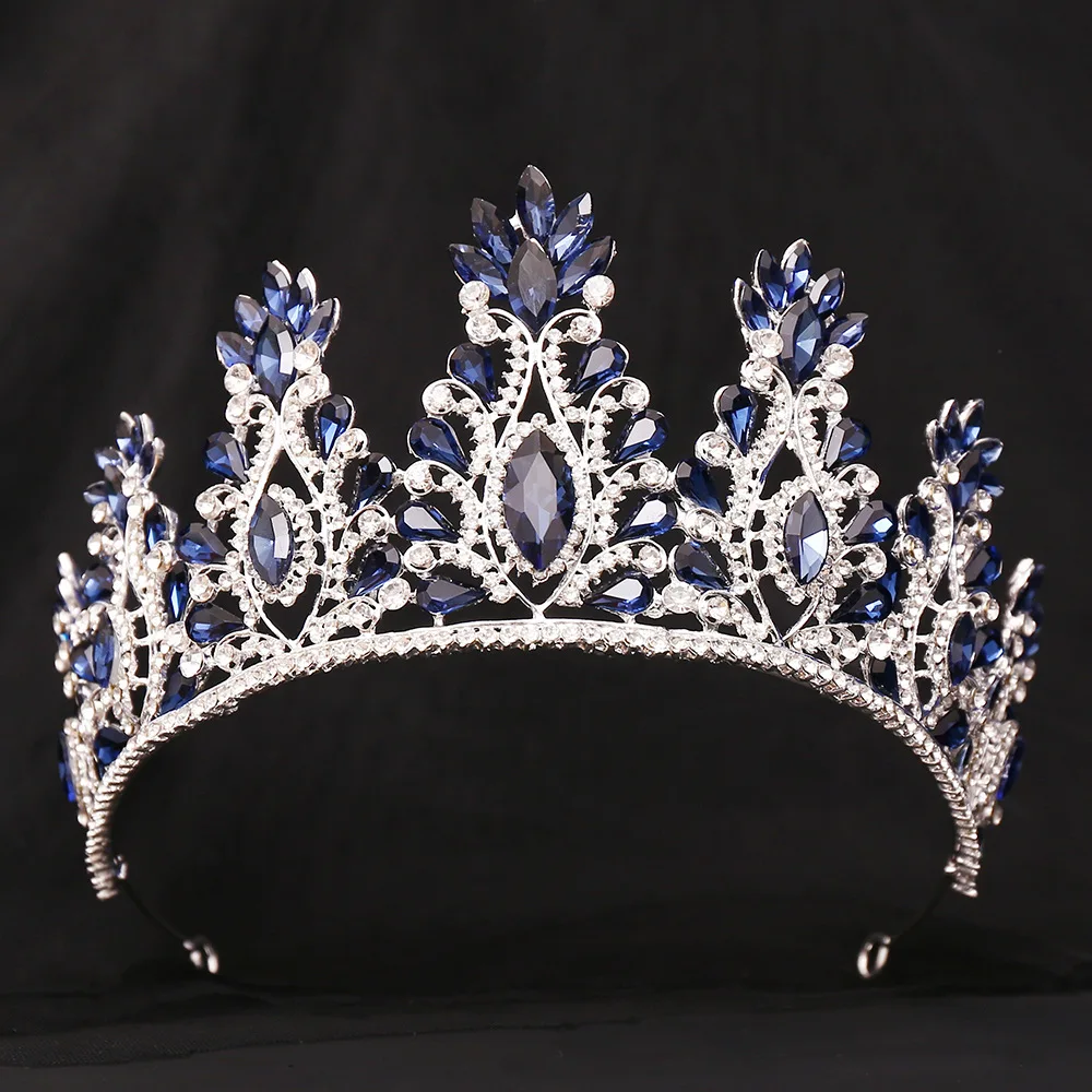 Corona de Boda Plateada con Pedrería Azul Oscuro para Mujer, Tiara Grande de Cristal para Banquete, Diadema, Accesorios de Joyería para el Cabello