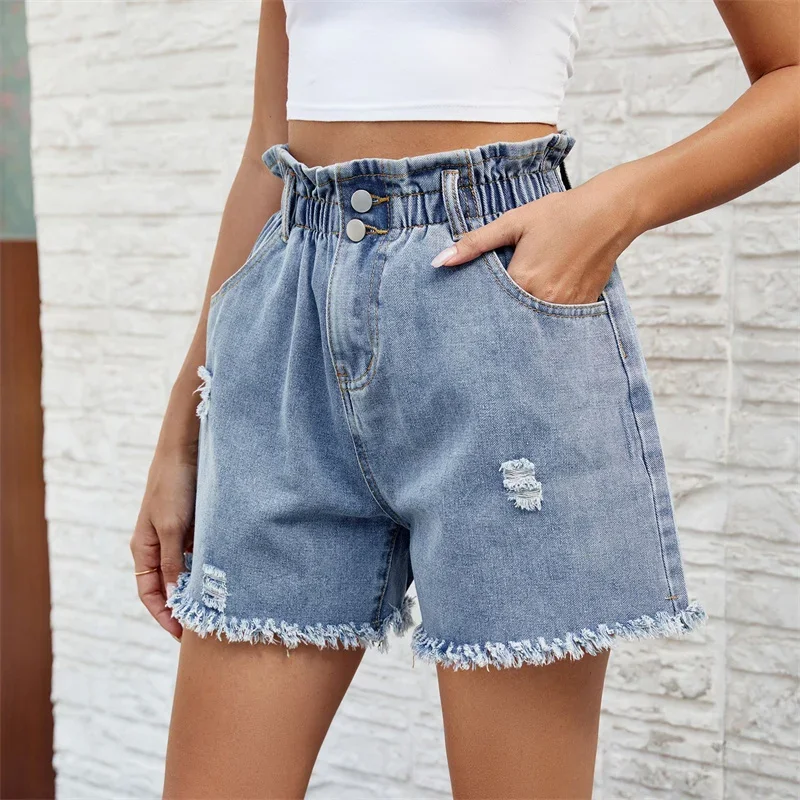 Women Stretch High Waist Two Buttons Splice Denim Shorts Broken Holes Half-body Dress Female Tassel Trouser Legs Mini Jeans 2024