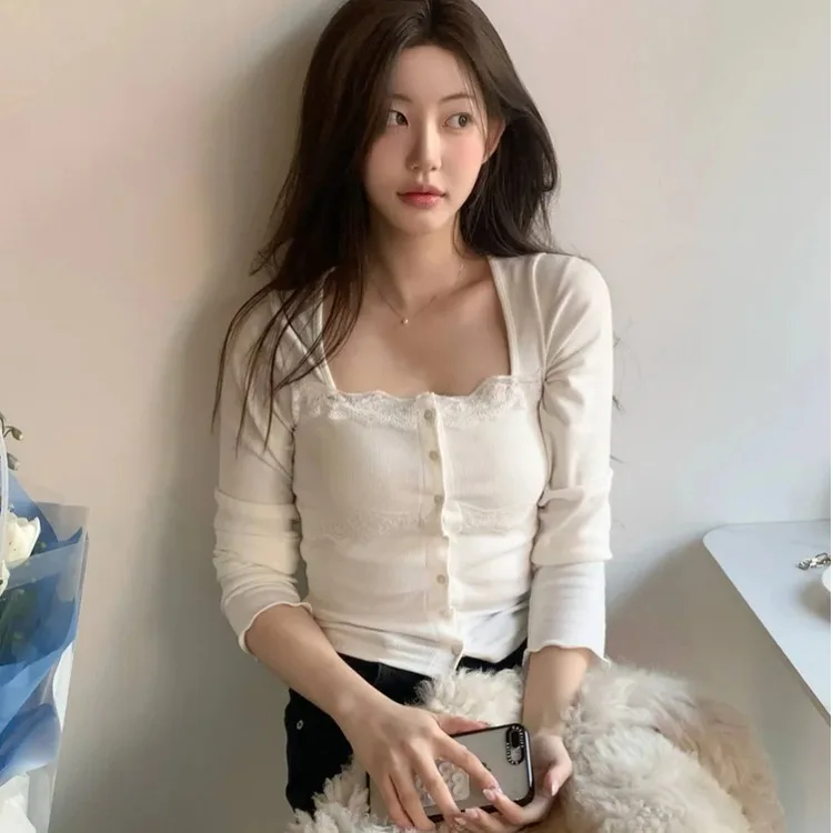 Sweet Lace Long Sleeve Open Cardigan Autumn Square Collar Casual Style Polyester Fiber Women's Knitted Sweater Single Piece