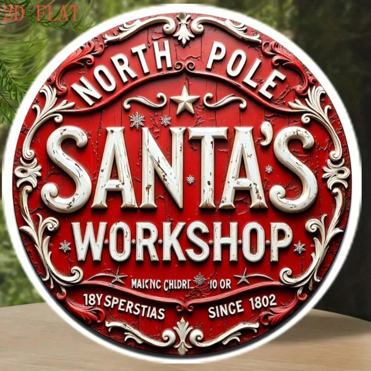 Vintage Arctic Santa Workshop Metal Wall Decoration - 8inch Round Christmas Signs, Red Gold Lettering, Easy to Hang, Indoor/Outdoor