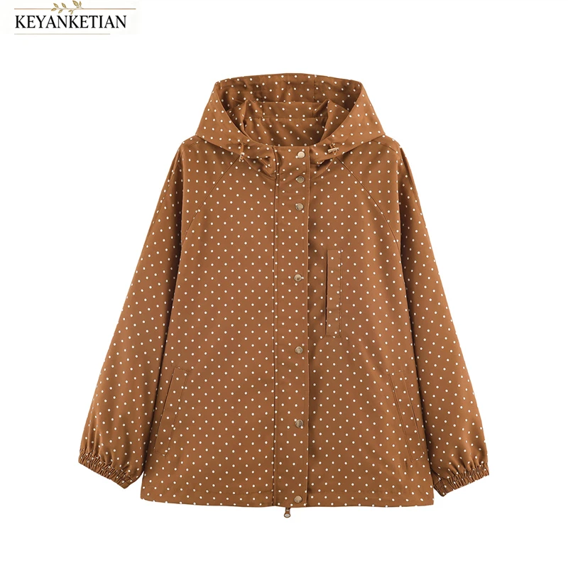 KEYANKETIAN 2026 Autumn Women Polka Dot Hooded Trench Jacket Zip Snap Button Drawstring Loose Long Sleeve Casual Outerwear