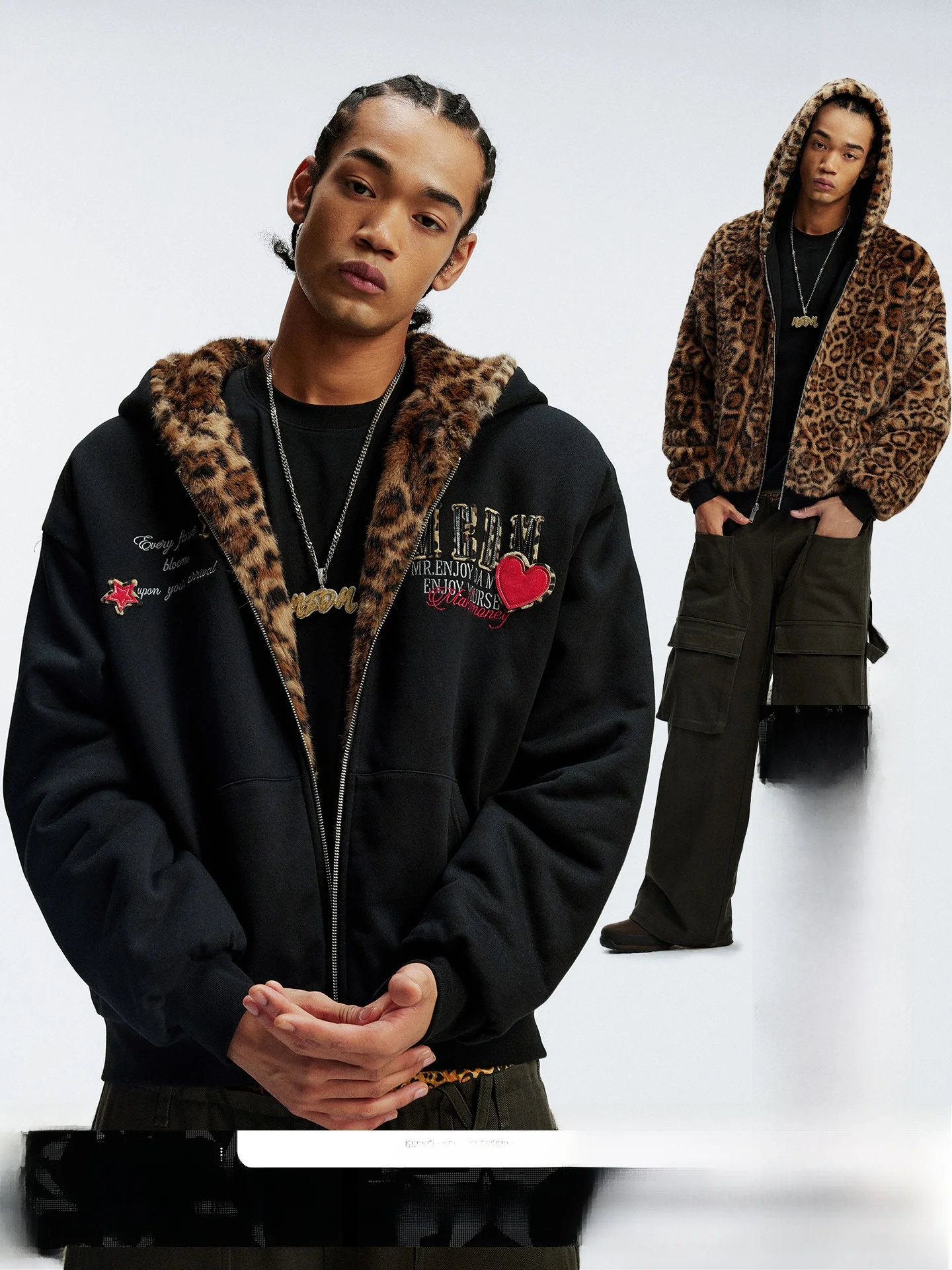 

Double-Sided Wear American Style Cotton Jacket MEDM Painted Leather Hair Hoodie Zipper Casual Warm Heart Couple Coat