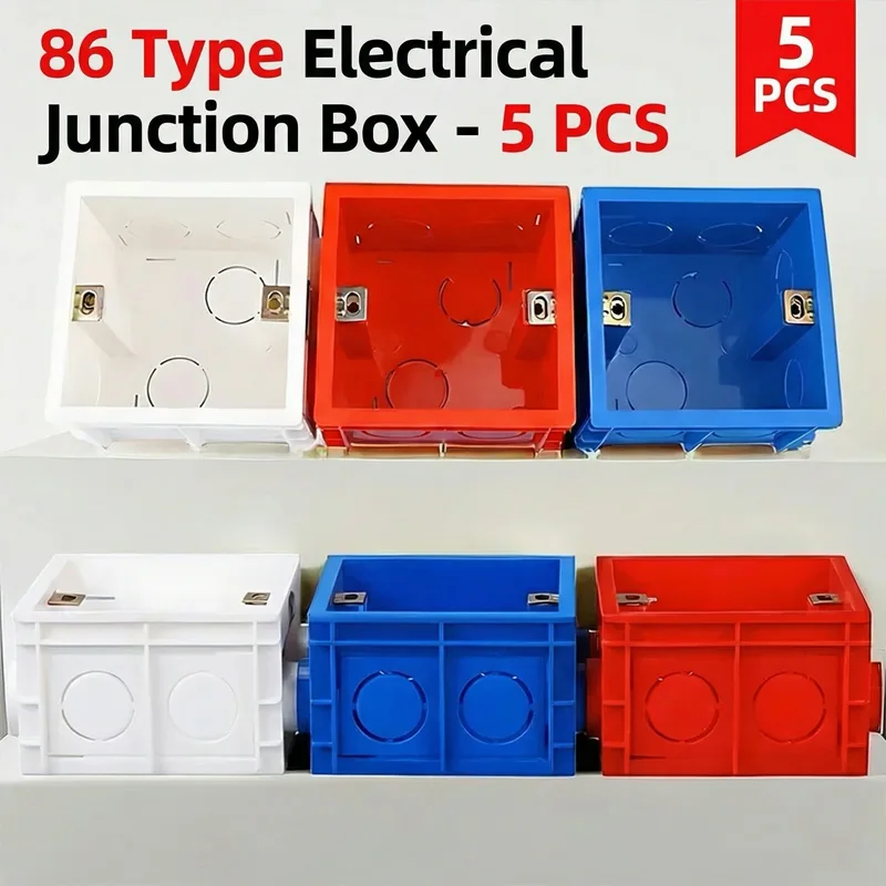 5PCS Type 86 Electrical Wall Mounting Boxes, Recessed Back Boxes with Wire Slots for Switch and Socket Installation, White Blue