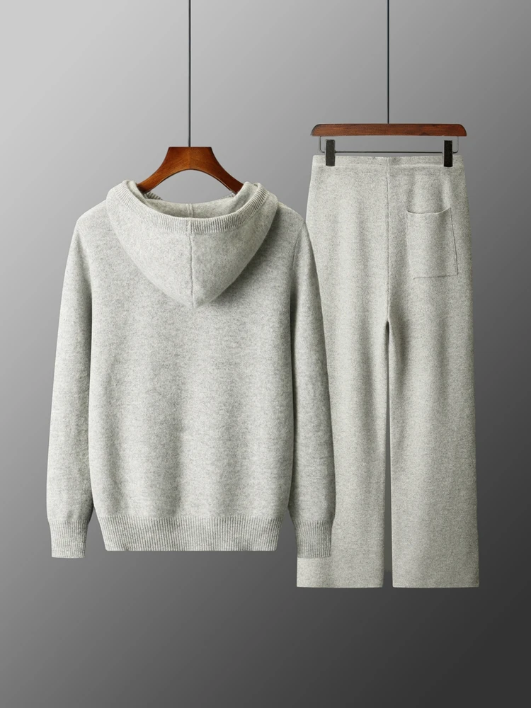 CHICUU Autumn Winter Men's 100% Wool Knitted Set Hoodie Pullover Sweater Wide Leg Pants Thick Warm Cashmere Knitwear Trousers