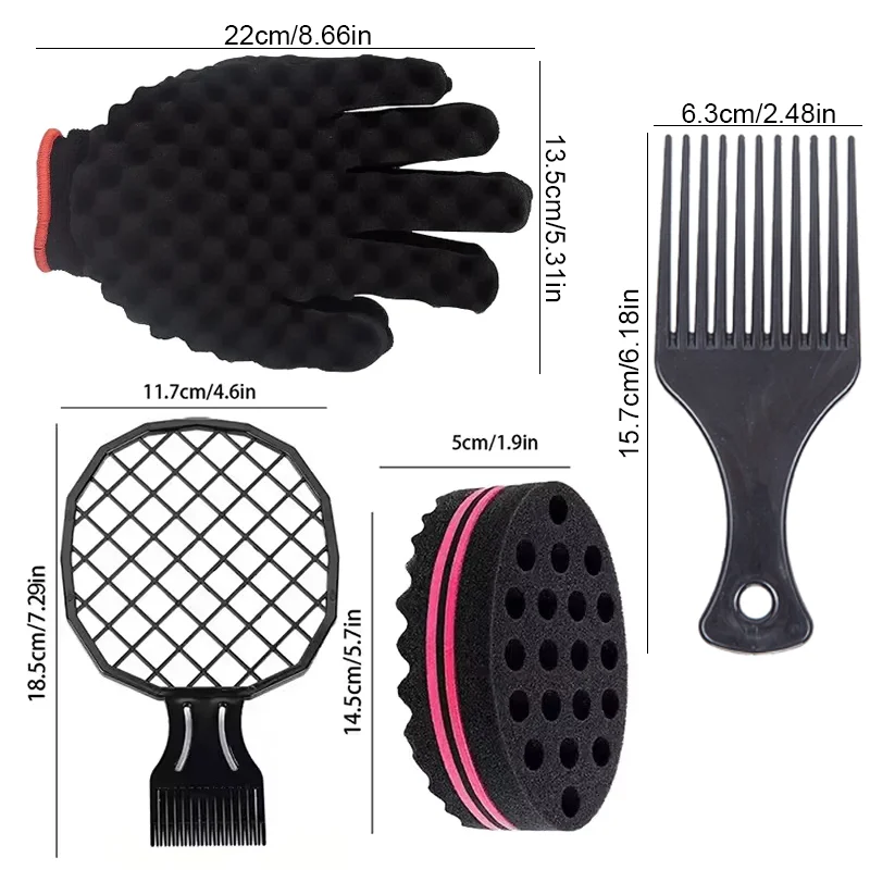 4pcs Hair Styling Set Curl Sponge Brush Twist Hair Glove Afro Mesh Comb Wide Tooth Pick Comb Curly Coiled Dreadlock Hair Tools