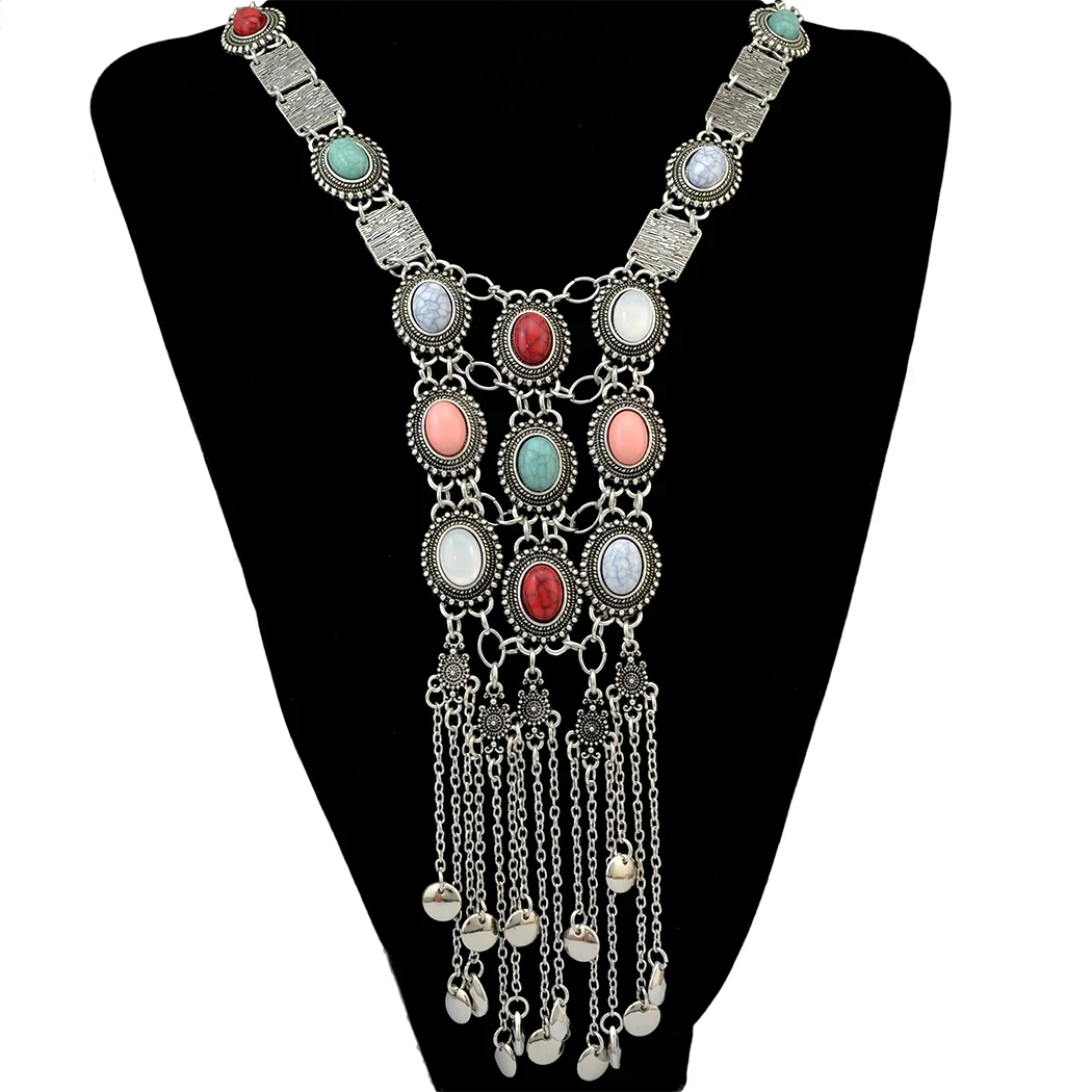 Vintage Silver Plated Gold Plated Chain Bead Stone Long Tassel Pendant Women\'s Necklace Suitable for Women\'s Party Jewelry Gifts