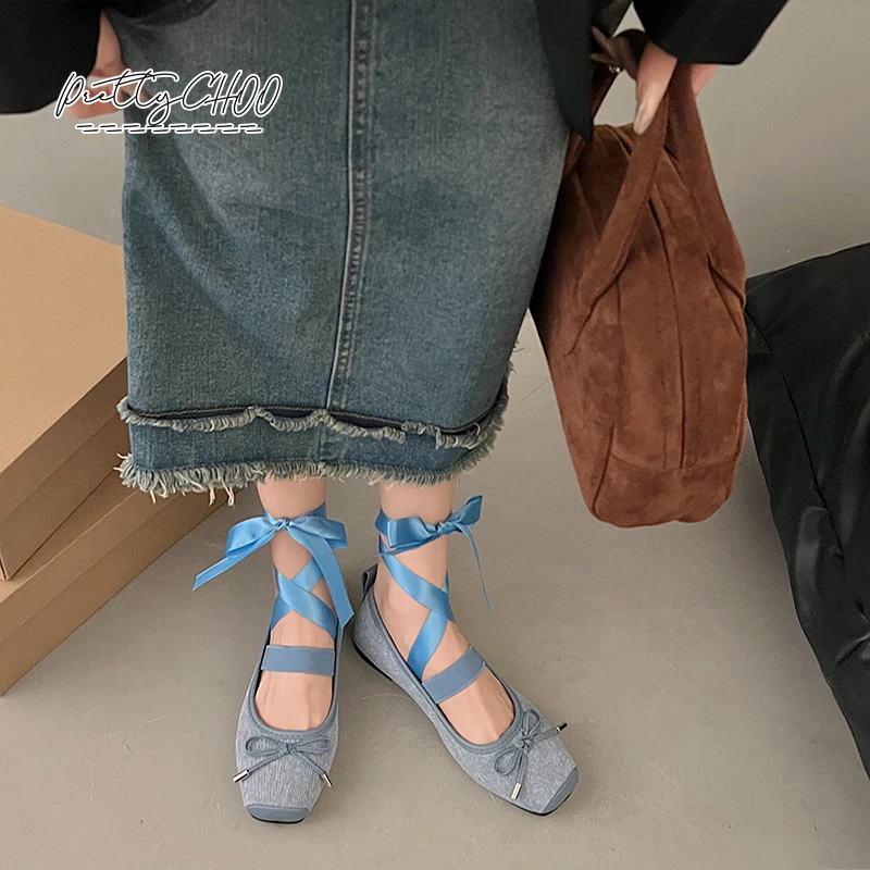 Elegant Lace Tie Leg Denim Blue Ballet Flats Woman Square Toe Bowknot Elastic Band Leather Ballerinas Ladies Evening Party Shoes