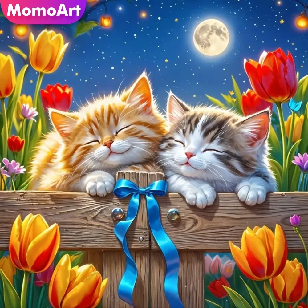 Momoart Animal Diamond Mosaic Cat Cross Stitch Art Painting Tulip Pattern For Adults Beginners Embroidery Moon Home Decor