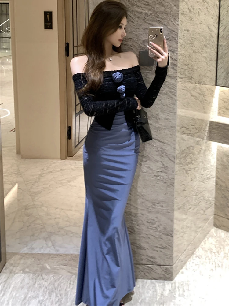 2025 bleu Patchwork noir dentelle Slash cou Sexy longue robe femmes élégant faux deux pièces robe automne hiver coréen robe moulante