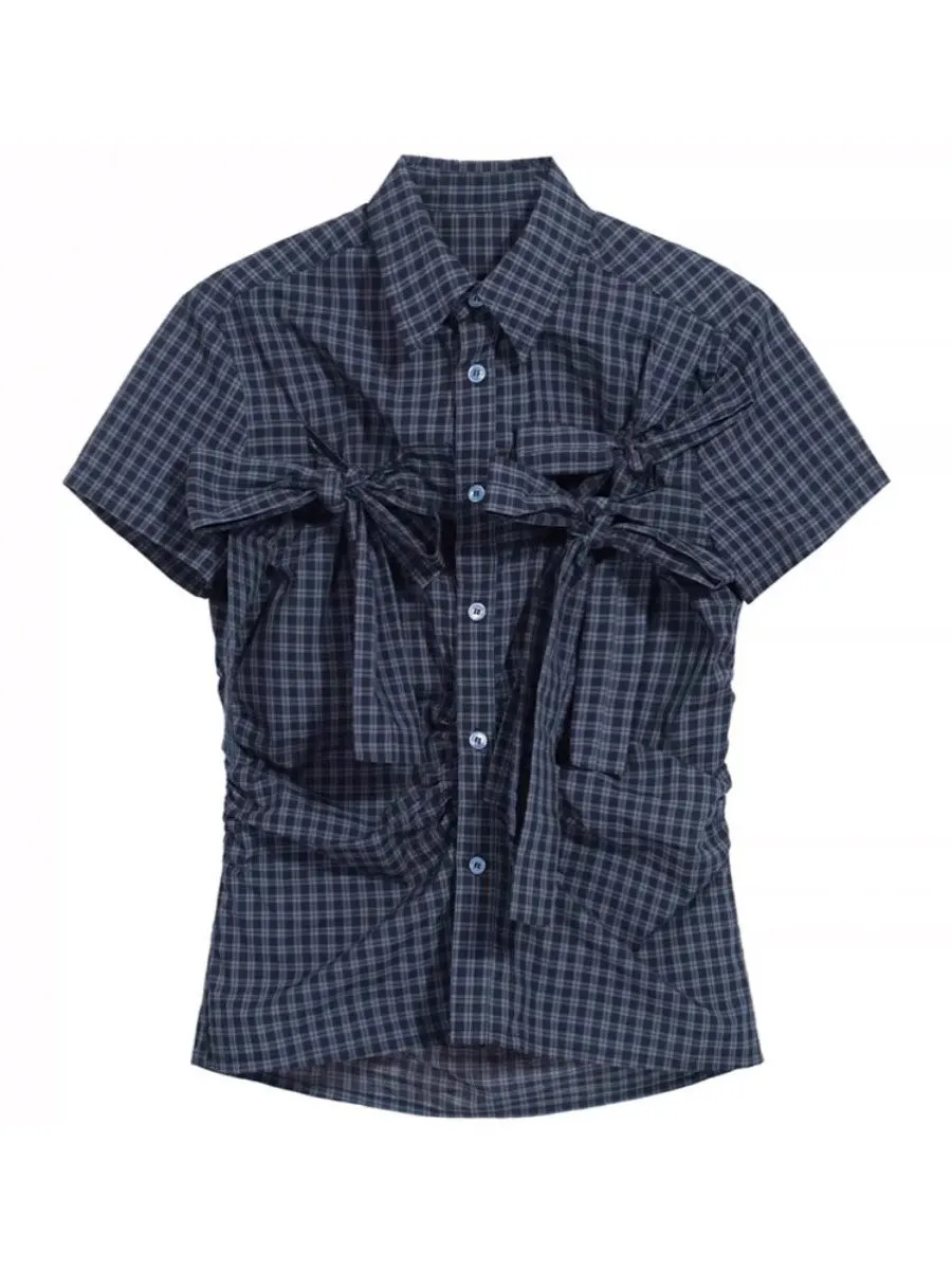 

Summer Plaid Short Sleeve Shirt Women's Slim Fit Vintage Preppy Sle Knot Design Casual Fashion Top