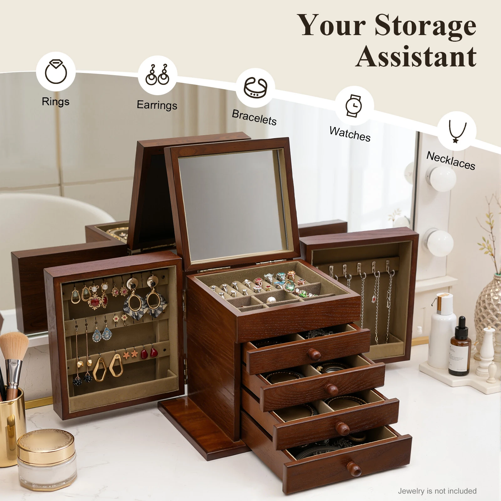 5 Tier Vintage Brown Wooden Jewelry Box 4 Drawers Jewellery Storage Organizer Case for Women Jewel Display
