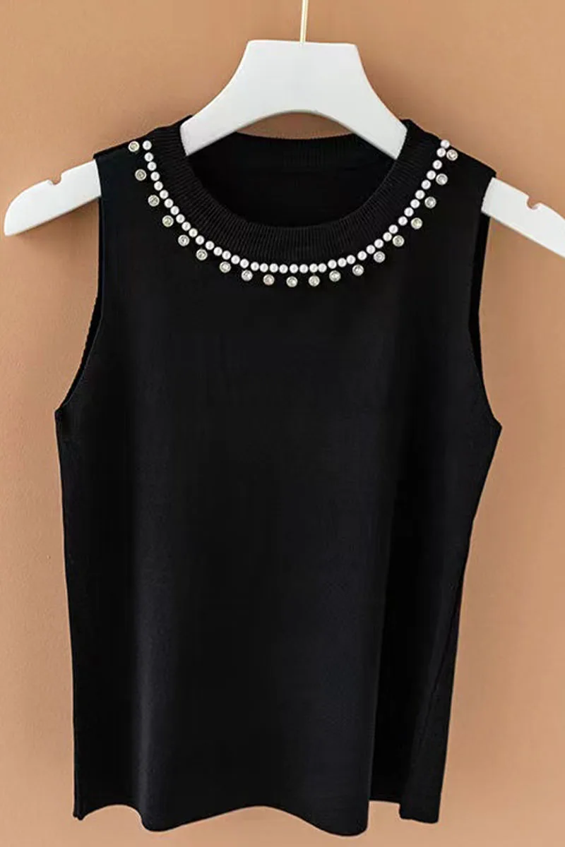 

Summer New Ice Silk Fabric Round Neck Bead Design High end, stylish, Solid Color Sleeveless Women's Tank Top