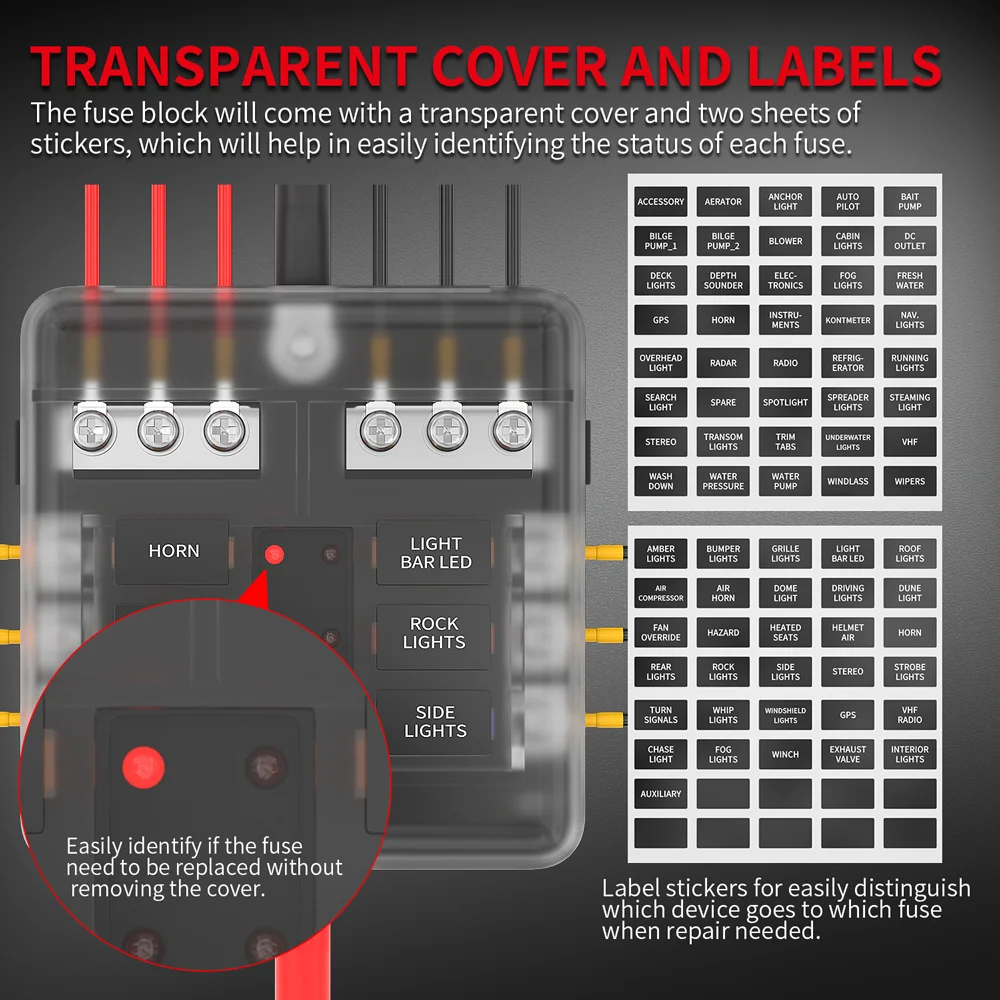 12V 6-Way Blade Fuse Block with  LED Indicator Waterproof Protection Cover and Label Sticker for Automotive Car Truck Trailer