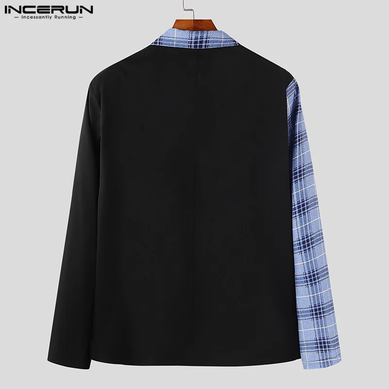 Incerun-メンズチェック柄パッチワークブレザー、ラペル、長袖、ワンボタン、カジュアルなメンズスーツ、ルーズストリートウェア、ファッションコート、S-5XL、2021