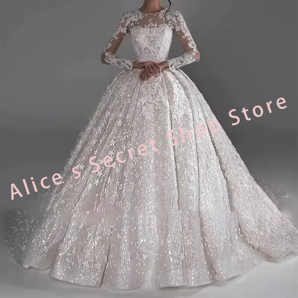 

Luxury O-Neck Appliquins Lace Full Sleeve A-Line Bride Wedding Dresses Bridal Gowns Customized