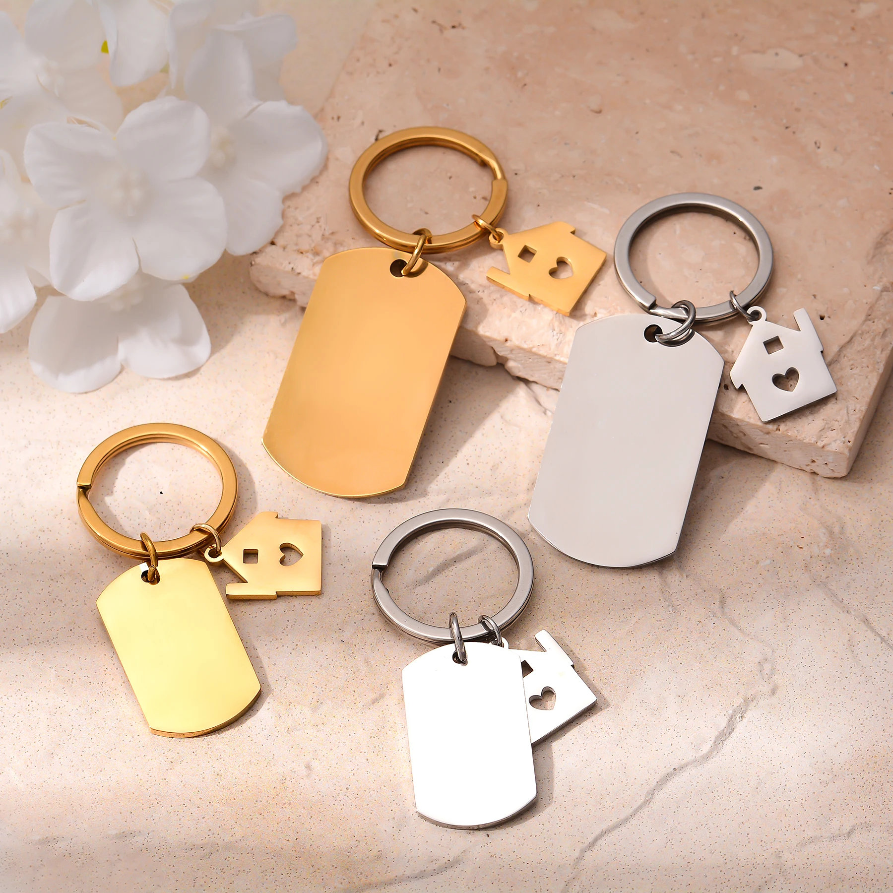 10Pcs Wholesale New Keychain with House Pendant Stainless Steel Dog Tag Geometry Bag Car key Ring Accessories New Home Gift view 5