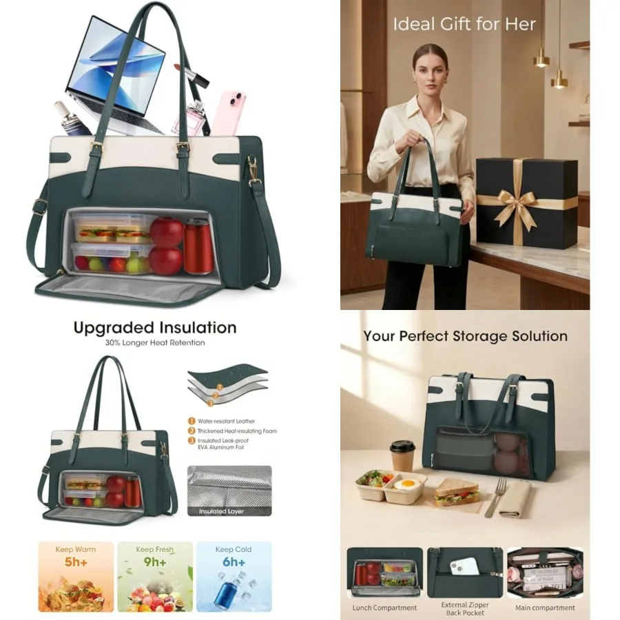 

2-in-1 Laptop Bag with Insulated Lunch Compartment for Women 15.6 Inch PU Leather Work Tote for Teachers Nurses, Professional W