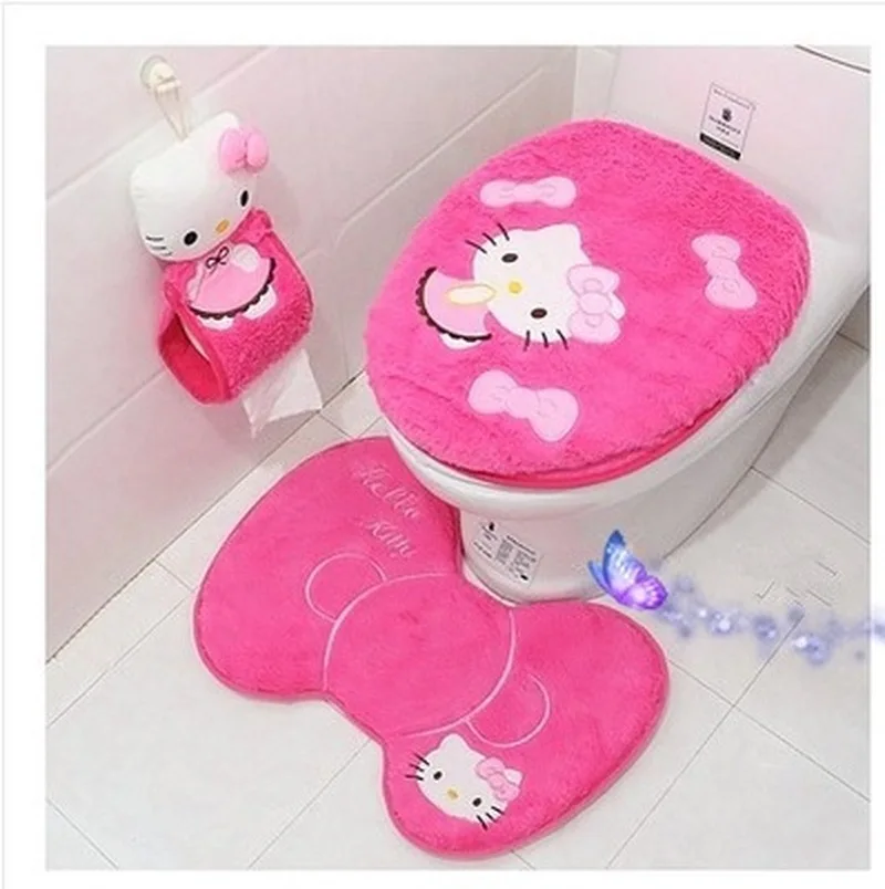 Winter Hallo Kitty Cartoon Sanlio Plüsch Warm Klebstoff Wc Kissen Abdeckung Sitz Wc Abdeckung Kawaii Boden Matte Rollen Papier Abdeckung