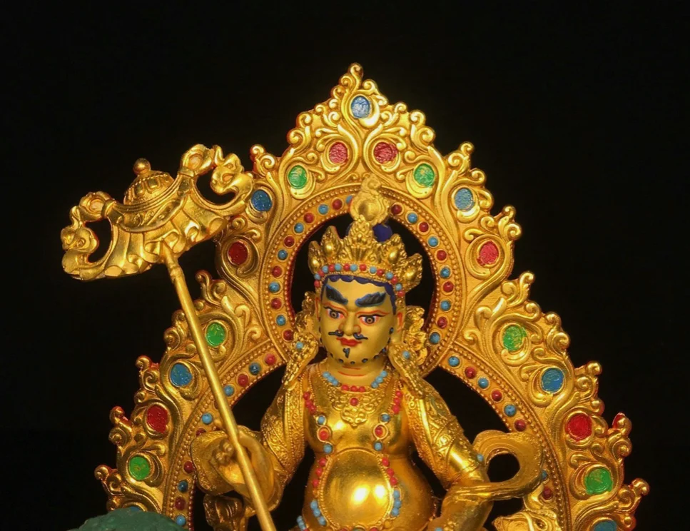 Nepal Bronze Gilt Painting Inlay Gem Vaishravana On Lion Protector Deity Statue