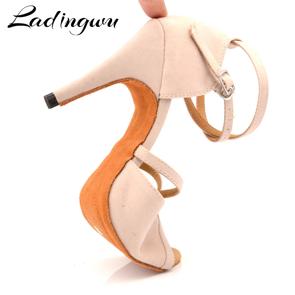 Ladingwu Hot Women Dance Shoes Latin Ballroom Dance Shoes Ladys girls Salsa Dance Shoes Beige Suede Heels 6-10cm