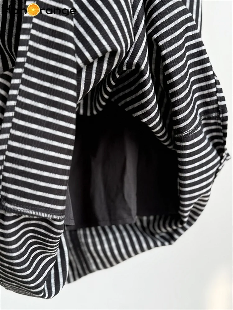 HanOrange 2025 Vestido camisola listrado primavera verão em camadas vestido versátil vestido evasê damasco/preto