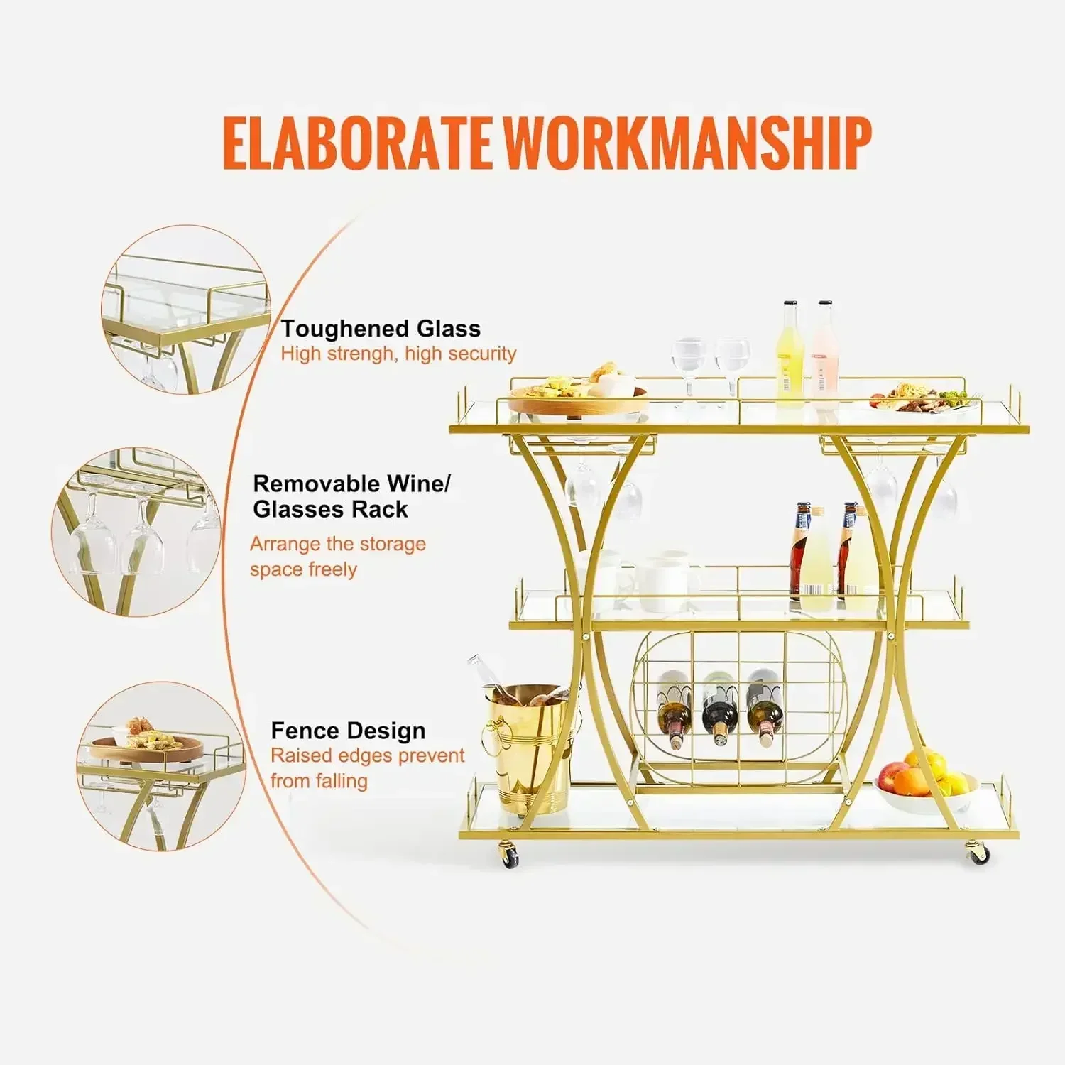 

Bar Gold, 3 Tiers Home Serving On Lockable Wheels, Rolling Alcohol Cart With Tempered Glass Shelves Guard（hot）