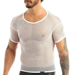 Mens Sexy See Through Tank Vest Mesh Breathable Shirt Fishnet T-Shirt Muscle Crop Top Night Clubwear Party Top Stage Performance