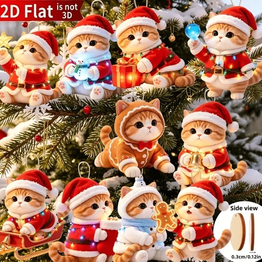1/5/10/20/50/100pcs 2D Flat, 10-Piece Set of Wooden Christmas Ornaments, Cute Christmas Kittens, Christmas Decorations, Christma