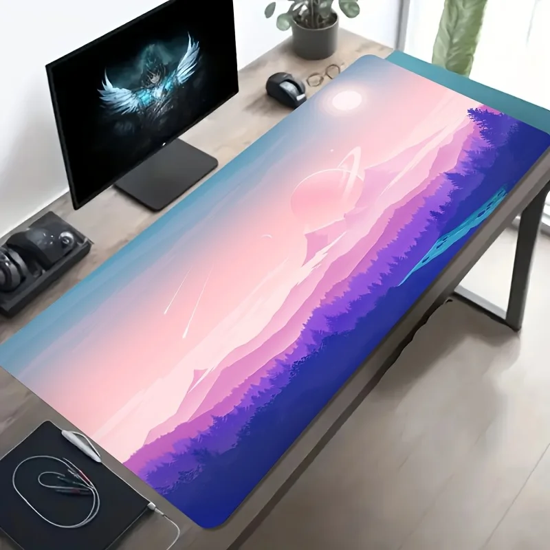 Large Gaming Mouse Pad Pink Purple Sky Planet Forest Print Non Slip Washable Rubber Desk Mat For Gamers Office Decor Home Iron A