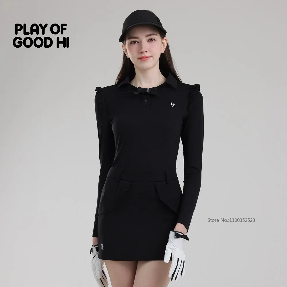 PL New Golf Clothing Bow Collar Long Sleeve Top Women Ruffle Slim Golf Polo Shirt Ladies A-lined Pencil Skirt Golf Sports Skorts