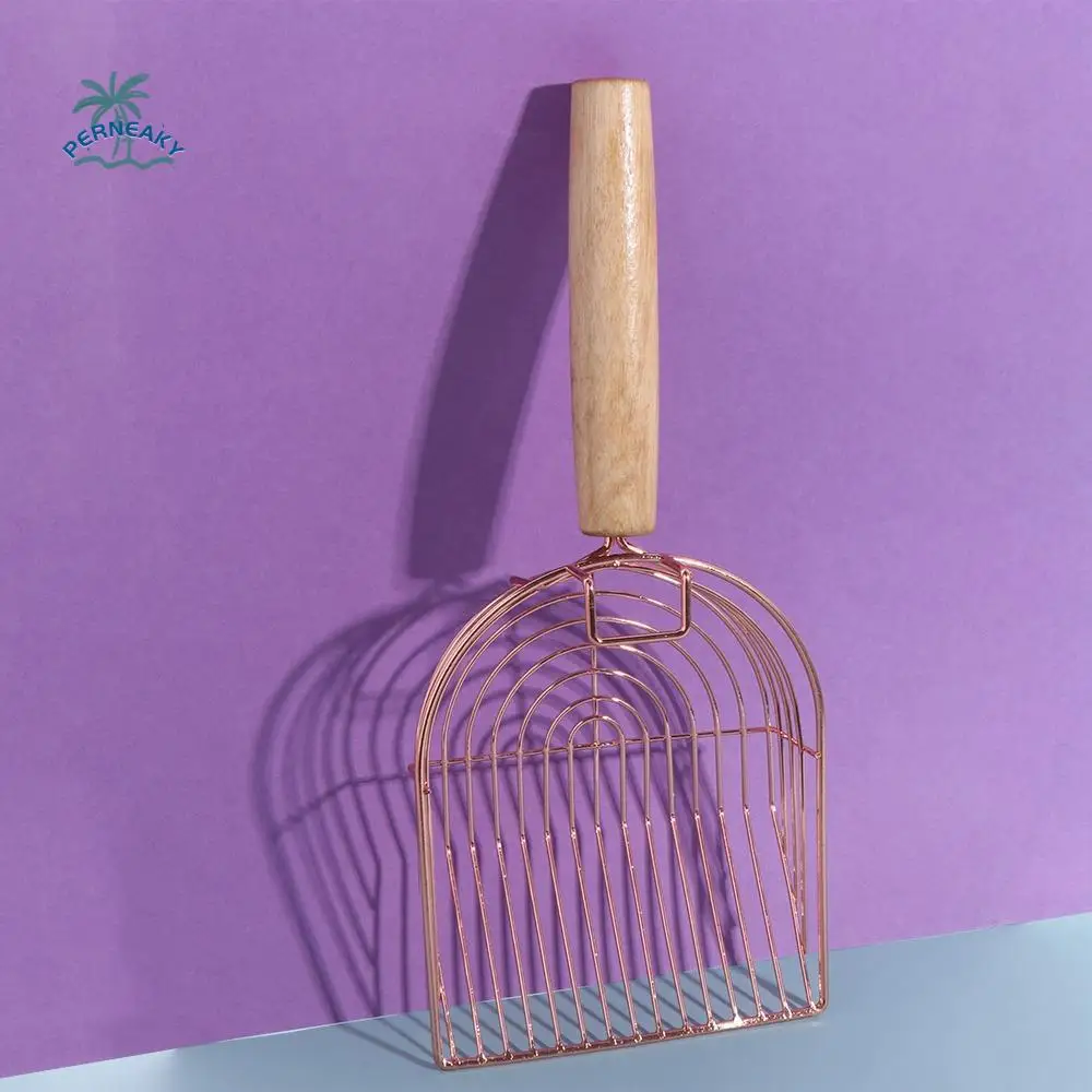 

Fast Sifting Scooper Hook Design Cats Litter Metal Scooper Stainless Steel Rose Gold Cat Litter Sifter Wooden Handle Cat Owners
