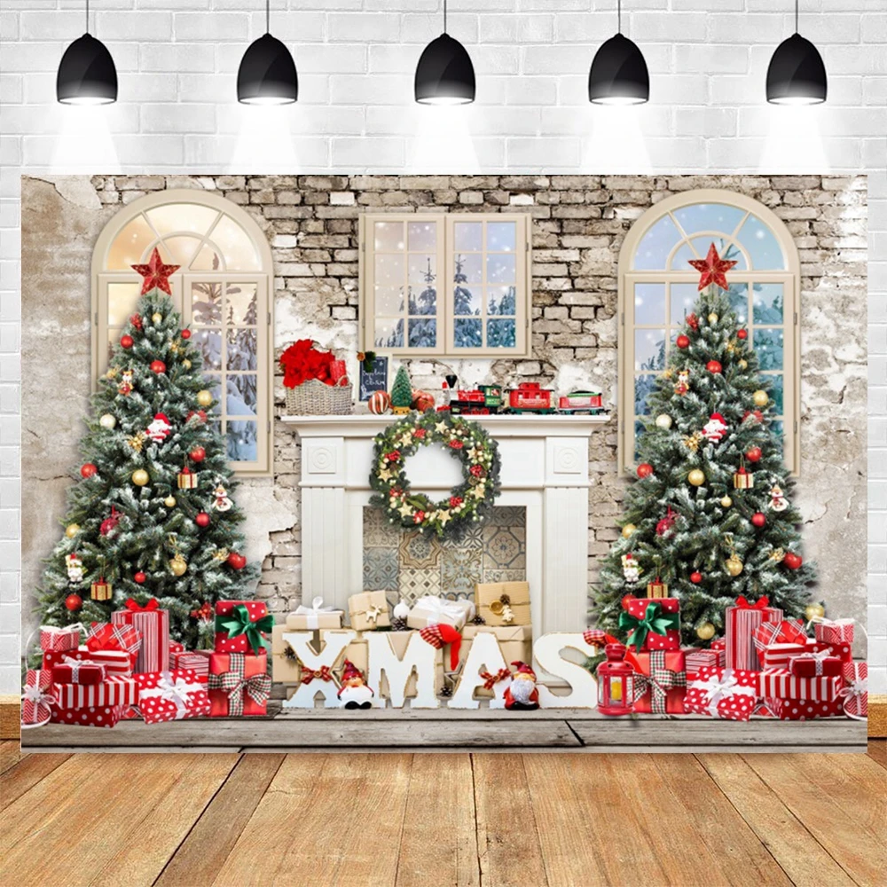 Merry Christmas Photography Backdrop Winter Christmas Tree Gifts Fireplace Family Party Birthday Decoration Photo Background