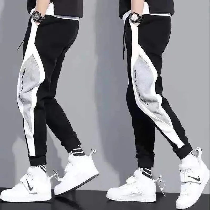 

Autumn Men's Wide Loose Casual Pants Mens Patchwork Nine-point Sports Elastic Rope Breathable Tie-foot Trousers