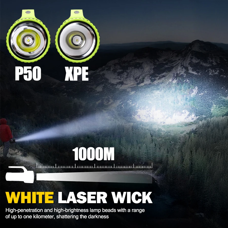 مصباح يدوي XHP50 LED ساطع 1000 متر، ضوء بحث زوومابلي XPE مع شحن من النوع C، قضيب تليسكوبي مقاوم للماء IPX6 وعرض الطاقة