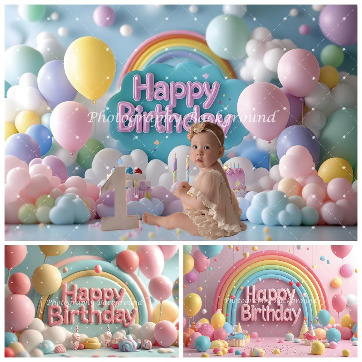 Hintergründe für Geburtstagsfotos, Regenbogen, bunte Luftballons, Babyparty, Geburtstagsfeier, Kinderporträt, Hintergrunddekoration